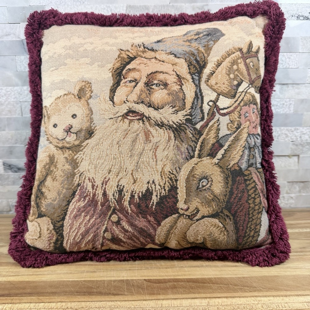 Vintage Santa Claus Tapestry Throw Pillow Burgundy Fringe Velvet Back 11x11